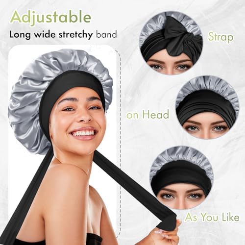 BONNET QUEEN Silk Bonnet for Sleeping Satin Bonnet with Tie Hair Wrap Double Layer Sleep Cap for Women Curly Hair, Black Silver - Image 4