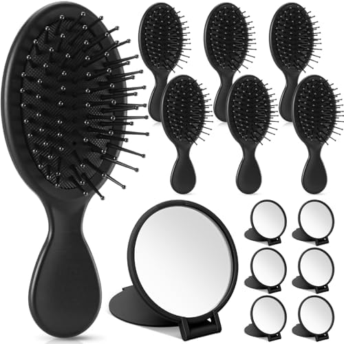 Meanplan 12 Pcs Mini Hair Brush Set Travel Wet Dry Hair Combs Pocket Detangling Compact Folding Makeup Mirrors for Spa Sleepover Birthday Bridal Shower Bachelorette Christmas Party Gift(Black) by Meanplan