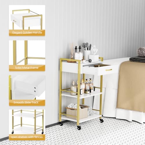 OmySalon Salon Trolley Cart with Wheels, Esthetician Cart with 1 Drawer & 2 Trays, Mobile Storage Organizer for Beauty Spa Massage Tattoo Esthetic Facial Tool Holder Station, White Gold - Image 3