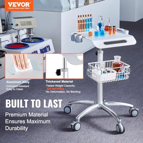 VEVOR Medical Trolley with Wheels - Height Adjustable Gas Lift, Large Tabletop 19"×17", Stainless Steel Rolling Laptop Cart with Storage Basket,Mobile Metal Scanner Cart for Ultrasound/Dental/EKG/Lab​ - Image 2