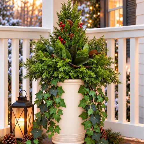 Christmas Artificial Cedar Plants Faux Winter Greenery for Outdoor Planters by KAFDY