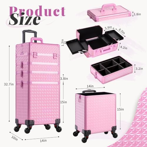 AROUS 5 in 1 Rolling Makeup Train Case with Lid Cosmetology Case on Wheels - Image 3