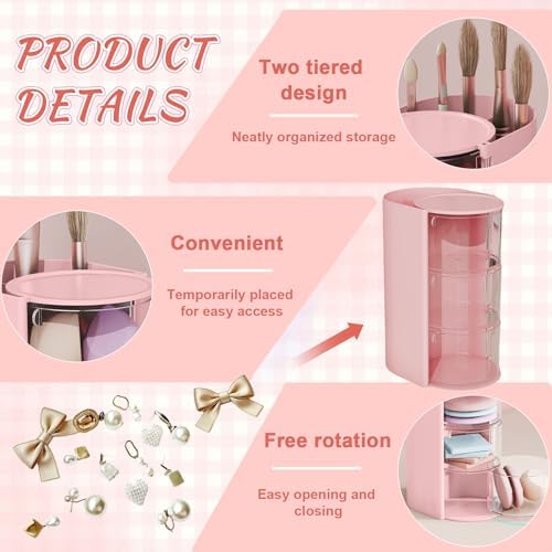 3-Layer Rotating Girls Hair Accessories Organizer Multi-Function Hair Brush Holder Makeup Organizer, Desktop Storage for Hair Clips, Hair Ties, Combs, Jewelry & Stationery (Pink) - Image 3