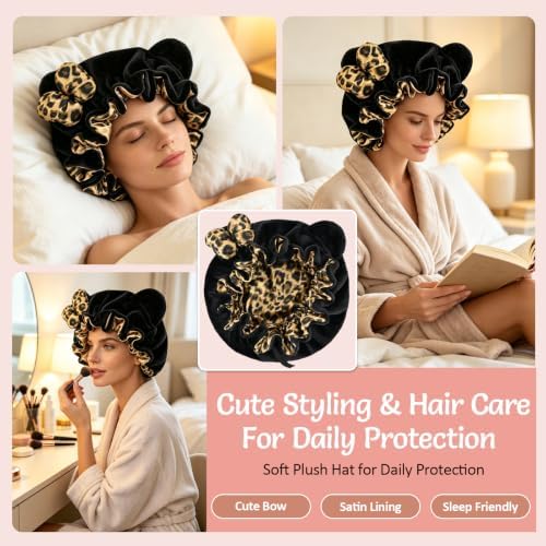 Cute Bear Ears Bow Bonnet Adjustable Sleep Cap Women Large - Image 5