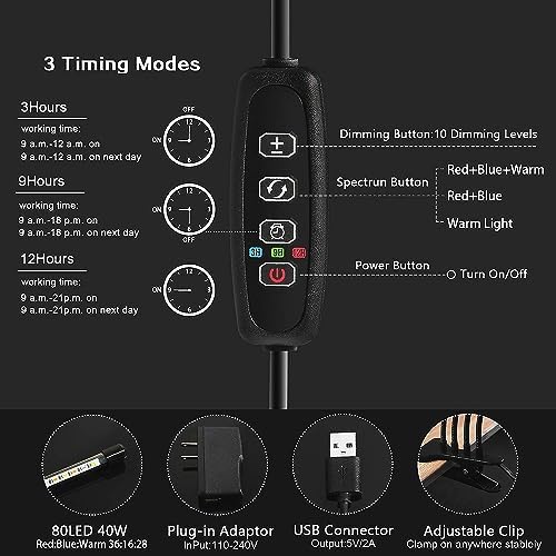 LED Grow Lights for Indoor Plants 2-Pack, Full Spectrum & Red Blue Spectrum Plant Growing Lamps with 3/9/12H Timer, 10 Brightness Levels, Clip-on Desk Plant Lights for Seedlings, Succulents, Flowers - Image 5