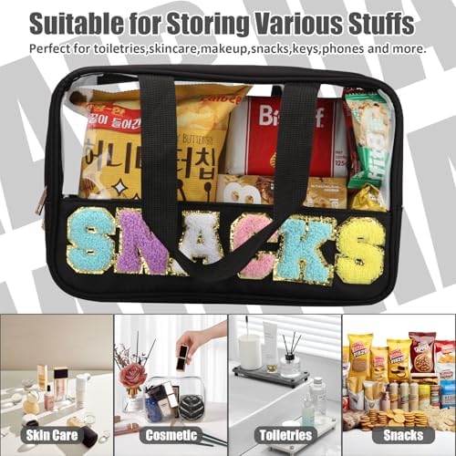 BuyCard Chenille Letter Clear Snack Makeup bag, Preppy Snacks Cosmetic Bag, Nylon & PVC Waterproof Travel Pouch with Zipper & Handle, Large Capacity Toiletry Organizer Bag for Women & Girls (Black) - Image 4