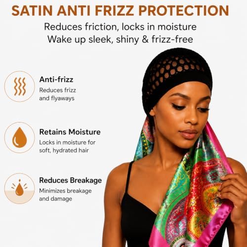 2 in 1 Wrap Cap Hair Net and Scarf for Silk Press, Satin Wrap Cap Bonnet for Women, Adjustable Stay-On Sleep Hair Net Scarf for All Hair Types (Cyan blue, One Size) - Image 3
