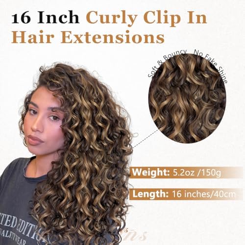 Vigorous Curly Clip In Hair Extensions,4PCS 16 inch Thick Curly Hair Extensions Lace Weft Clip Ins Invisible Natural Synthetic Hairpieces for Women,Chocolate Brown with Highlights(6H12) - Image 2