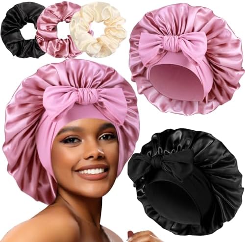 2+3 Large Satin Bonnets with Scrunchies for Women, Hair Bonnet Sleeping Tie Bonnet for Braids Curly Hair by Heniho