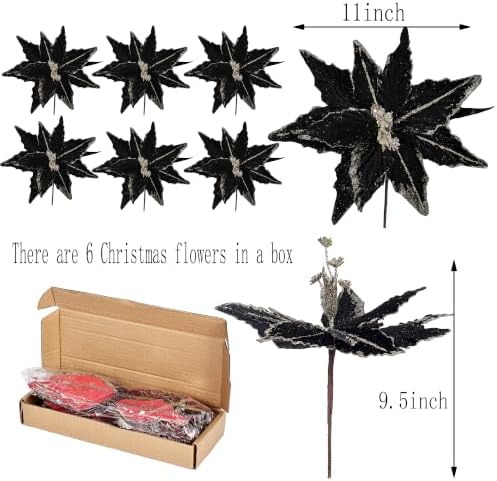 Kimura's Cabin 6Pcs 11Inch Artificial Poinsettia Christmas Flower Set,Black - Image 2