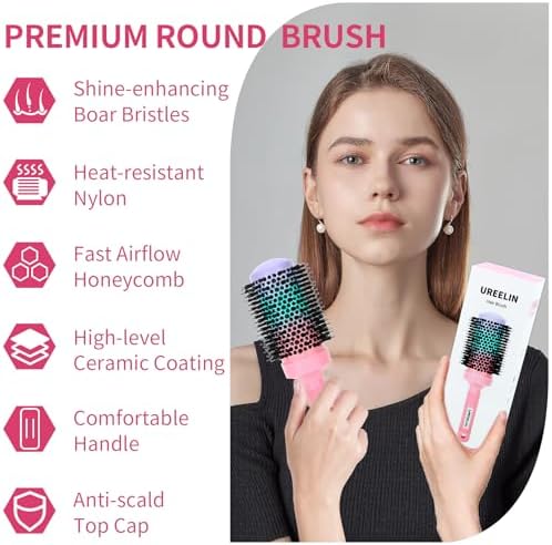 UREELIN Round Brush for Blow Out - 2.1 Inch Large Nano Thermal Ceramic & Ionic with Boar Bristles - Salon Blow Drying Hair Brush for Drying,Volumizing, Curling, Shine & Smooth Styling - Image 2