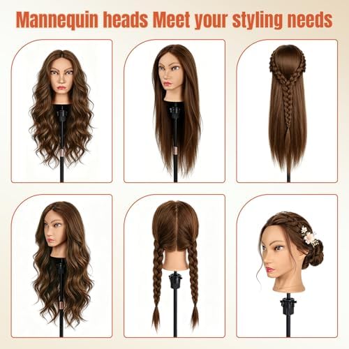 26''Real Hair Mannequin Head,TopDirect 80% Amber Brown Hairdresser Cosmetology Mannequin Doll Head Styling,Manikin Heads Hairs Braiding DIY Styling with Clamp Holder and Tools Set - Image 3