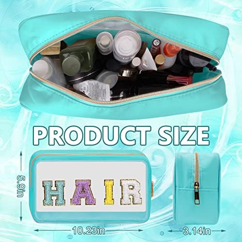 Iqimott Clear Patch Makeup Bag Hair Pouch, Preppy Personalized Chenille Letter Cosmetic Pouch for Travel, Nylon Waterproof Organizer Travel Essentials Zipper Toiletry Bags for Women Girls(Green) - Image 2