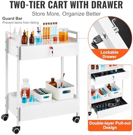 VEVOR Rolling Medical Cart with Lockable Drawer, White Paint Stainless Steel Utility Cart, 2 Tiers Mobile Esthetician Trolley Cart with Swivel Casters for Lab, Hospital, Dental, Salon and Beauty - Image 5