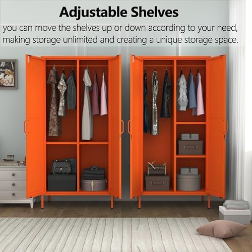 Lockable Metal Armoire Wardrobe Closet, 67 Inch Steel Clothing Storage Cabinet, Hanging Rod and Adjustable Shelves, Orange 2 Door Storage Cabinet for Bedroom Cloak Room Office Gym - Image 4