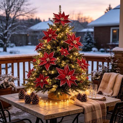 Kimura's Cabin 6Pcs Artificial Poinsettia Christmas Flowers Set,Burgundy - Image 6