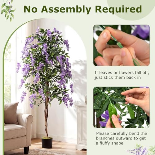 Goplus 6FT Ficus Artificial Tree, 2 Pack Faux Wisteria Tree in Nursery Pot with Purple Lifelike Flowers, Fake Potted Tree Greenery Floor Plant for Indoor Home Office Porch Living Room Decor - Image 4