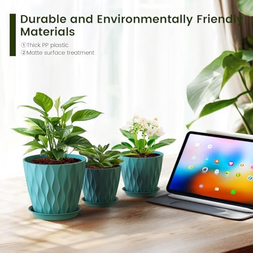 Meowell 7/6.5/6/5.5/5/4.5/4 inch Plant Pots for Indoor Outdoor Plants, 7 Pack Thick Flower Pots with Drainage Holes and Saucers, Modern Wave Texture Small Plastic Planters Nursery Pots, Blue Green - Image 5