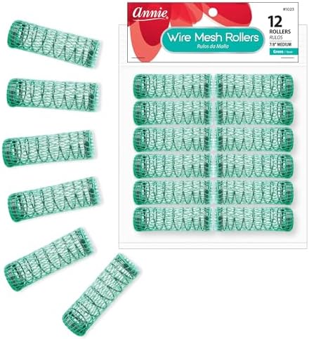 Annie Wire Mesh Rollers – Medium 7/8 Inch Hair Curlers for Defined Curls & Waves, Heatless Styling Tools for All Hair Types – 12 Count (Green) by AnnieInternational