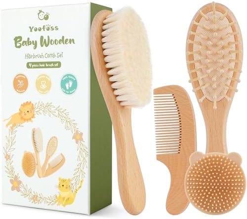 Yoofoss 4 Piece Baby Brush and Comb Set, Wooden Baby Brush with Natural Ultra Soft Goat Hair, Baby Hair Brush for Newborn, Baby Brush Set for Boy Girl by YOOFOSS