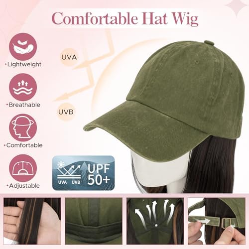 SEGO Unisex Vintage Baseball Cap with Hair Extensions for Women Synthetic Hair Attached Hairpiece Olive Green Baseball Cap Wig Adjustable Hat Wigs for Women 6 Inch 10P22T Medium Brown Mix Dark Blonde - Image 2