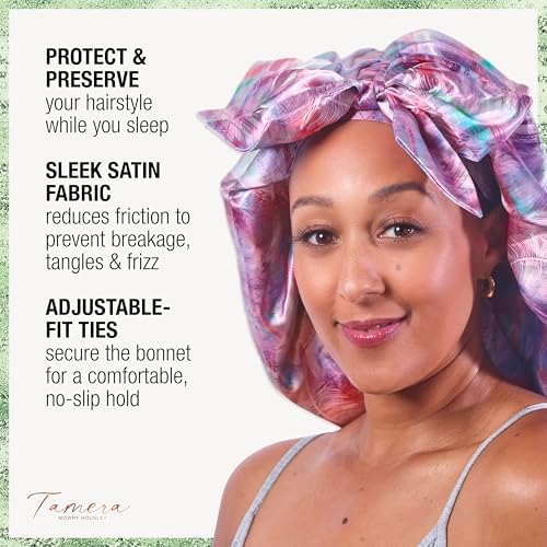 CONAIR x Tamera Mowry Collection Satin Swirl Print Hair Bonnet with bonus Curl Definition Brush - Nylon Bristle hairbrush - curl smoothing hair brush - features removable bristles - tie hair cap - Image 2