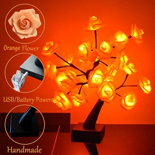 24 LED Orange Rose Tree Light, Artificial Bonsai Flower Table Lamp, USB Battery Powered Romantic Night Light for Bedroom Living Room Party Wedding, Valentine’s Day Mother’s Day for Her - Image 4