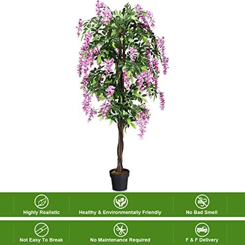 Goplus 6FT Ficus Artificial Tree, Fake Wisteria Tree in Nursery Pot, Greenery Faux Floor Plant, Tall Artificial Plants for Indoor Outdoor Bedroom Living Room Decor - Image 5