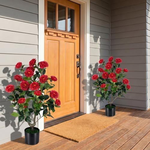 Goplus 35.5’’ Artificial Camellia Tree, Flower Plants Artificial Tree - Image 2