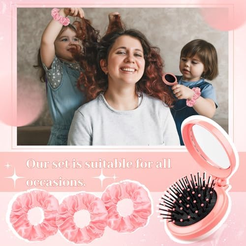 Sliner 24 Pcs Mini Hair Brush with Mirror and Scrunchies, Pink - Image 5