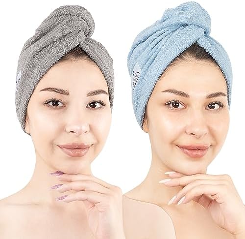 American Soft Linen 100% Cotton Hair Towels for Women, Head Towel Cap, Cotton Hair Turban Towel Wrap, Soft and Absorbent 2 Pack, Light Gray-Sky Blue by AmericanSoftLinen