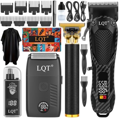 Hair Clippers for Men with LED Power Display, 4-Piece Professional Grooming Kit with Hair Clipper, Detail Trimmer, Foil Shaver & Nose Trimmer, Complete Cordless Set for Home Barber Use (Black) by LQT