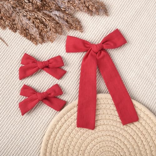 DEEKA Cotton Linen Hair Accessories Set: Red Hair Bows & Ponytail Knot Bows in 2 Sizes, Alligator Clips for Toddlers & Little School Girls - Image 5