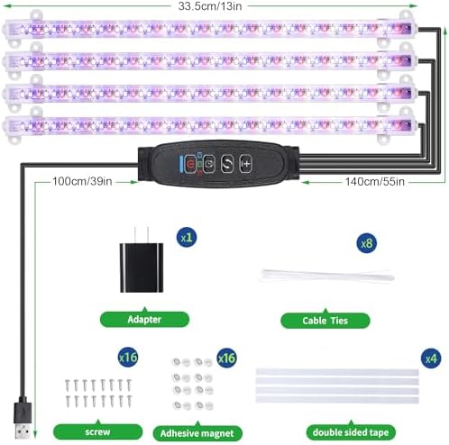 RWNTAO Four Strip Growing Lamp for Indoor Plants, Red & Blue & Yellow Full Spectrum LED Grow Light Strips with Auto ON/Off 3/9/12H Timer,10 Dimmable Levels for Green House Succulent (13 in) - Image 7