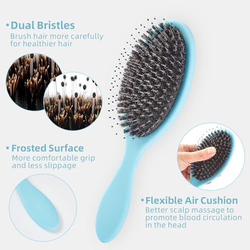 Boar Bristles Hair Brush for Women and Men, Detangling Hair Brush for Smoothing Massage Add Shine, Nylon&Boar Bristles Detangler brush for Hair Healthy (1 Pack-Blue) - Image 3