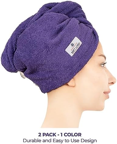 American Soft Linen 100% Cotton Hair Towel Cap and Wrap for Long Curly Anti Frizz Hair, Absorbent 2 Pack, Purple - Image 2