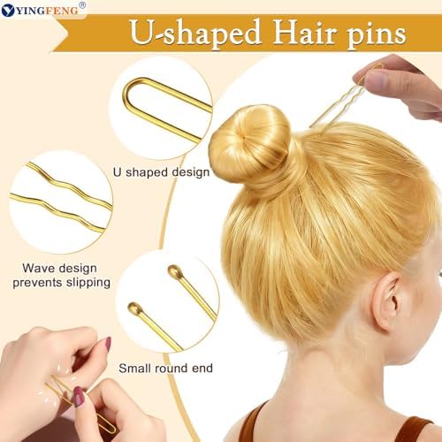 YINGFENG 134 Pcs Gold Hair Bun Maker Kit for Kids Small - 4 Hair Donuts for Buns, 20 Hair Nets for Buns, 100 U Shaped Bobby Pins, 10 Hair Bands, for Girls, Ballet Dance, Hair Accessories for Women - Image 4