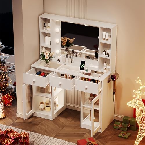 VINGLI Vanity Desk with Mirror and Lights, Glass Top Makeup Vanity Table w/Glass Lighting Cabinets & Power Outlets & Hairdryer Holder,54in White Dressing Table, Gifts for Girls - Image 7