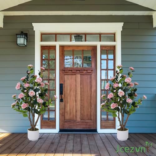 2 Pack Artificial Camellia Tree with White Pot, 38" Faux Potted Plants for Indoor Outdoor Decor, Tall Silk Greenery Plant for Home Offce Living Room Balcony, Pink - Image 4