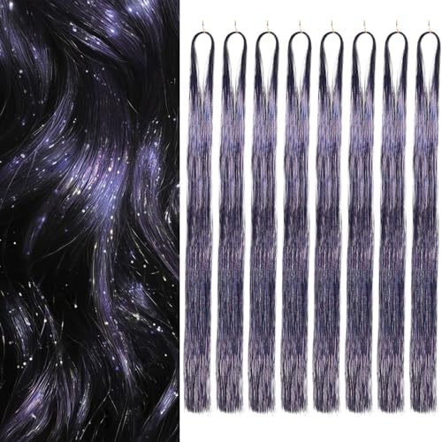 Hair Tinsel 8 Packs 1600 Strands 50 Inch Tinsel Hair Extensions Heat Resistant Glitter Sparkling Shiny Fairy Hair Accessories for Women(Dark gray, 50Inch) by Sala