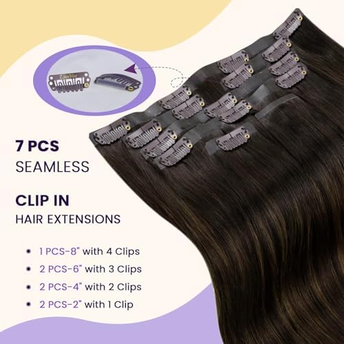 LaaVoo Seamless Clip in Hair Extensions Human Hair Brown Balayage Seamless Clip in Human Hair Extensions Dark Brown Mix Light Brown Hair Extensions Clip ins Invisible PU Weft 18 Inch 110g 7pcs - Image 4
