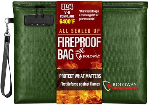 ROLOWAY Fireproof Document Bag (14.5 x 11.5 inch), 6400℉ Fireproof Money Bag with Zipper for Cash, Fire Safe Money Pouch with Lock (Green) by ROLOWAY