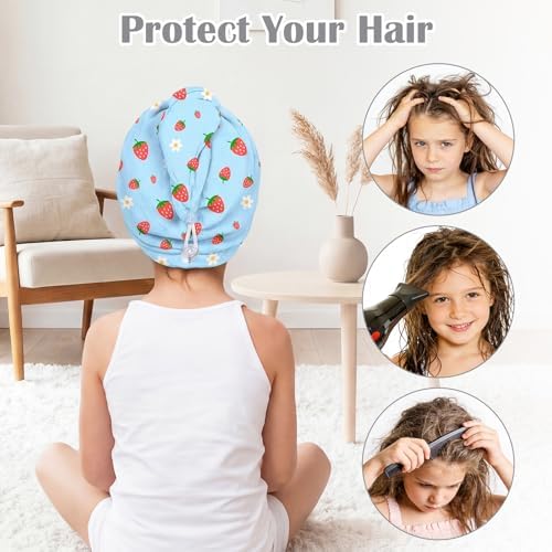 Microfiber Hair Towel Wrap for Kids 2 Pack Quick Drying Hair Towels with Button Hair Turbans for Wet Hair Absorbent Quick Dry Wraps Head Towel Wrap for Women and Girls, Pink Blue Strawberry - Image 5