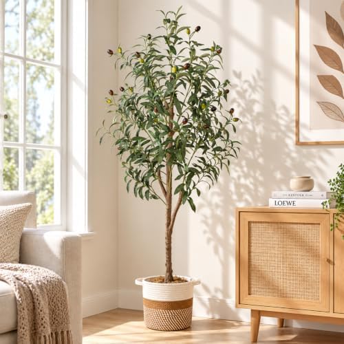 4FT Artificial Olive Tree Indoor Tall Faux with Planter & Basket Large Fake Olive Silk Trees Realistic Olive Plants with Branches and Fruits for Office Decor Home Living Room - Image 3