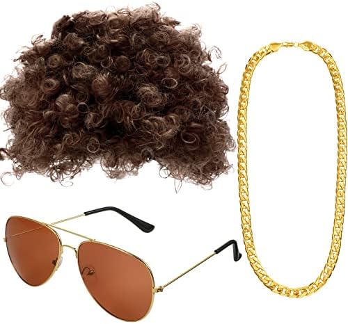 Gejoy Mens Disco Costume Set, 70s Afro Wig Glasses Chain, Brown Hair by Unknown