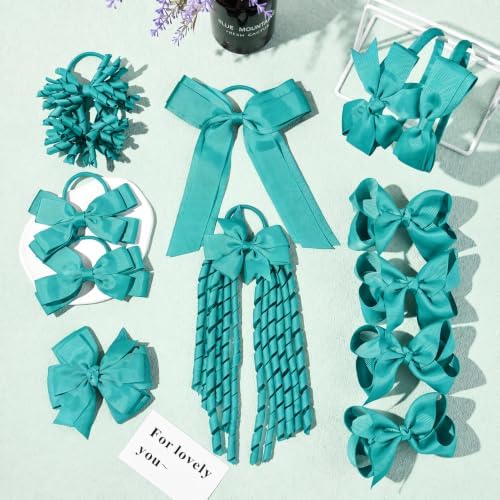 DEEKA Teal School Hair Accessories Set 13 Pcs Uniform Bow Headband Clips Hair Ties Curly Korker Bows for Little Toddler School Girls (Teal) - Image 7