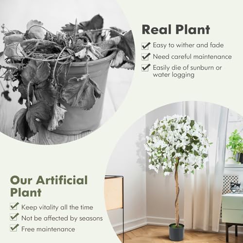 Goplus 53” Bougainvillea Artificial Tree, Faux Silk Flower Tree in Pot w/ 576 Flowers, 288 Leaves, Tall Fake Floor Plant, Artificial Plants for Indoor Outdoor Bedroom Living Room Decor, White - Image 6
