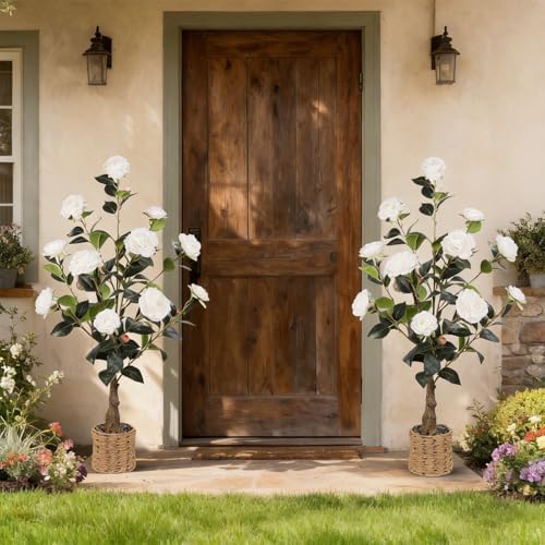 Artificial Camellia Tree 2 Pack, 3Ft Faux White Camellia Plant in Pot, Fake Outdoor Tree Camellia Flower Tree for Home Office Living Room Floor Indoor Decor - Image 2