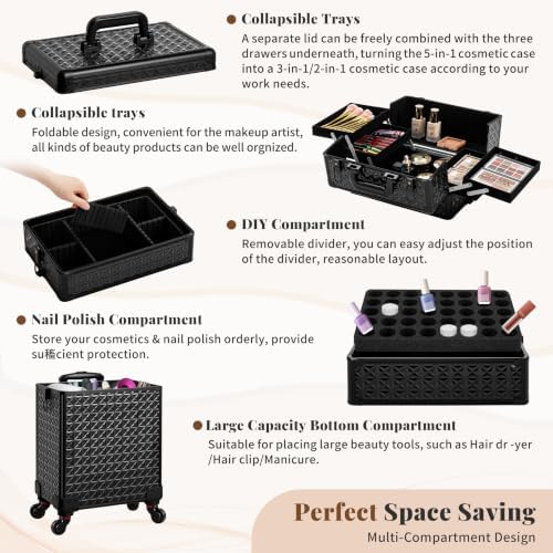 AROUS 5 in 1 Rolling Makeup Train Case with Lid Cosmetology Case on Wheels - Image 5