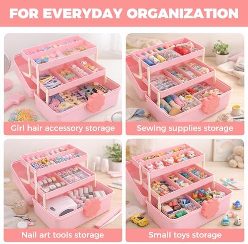 Hair Accessories Organizer for Girls, Portable 3-Layer Folding Storage Box with Handle, Organizer for Hair Clips, Bows, Headbands & Hair Ties, 11.4 x 6.3 x 6.3 Inch - Image 7
